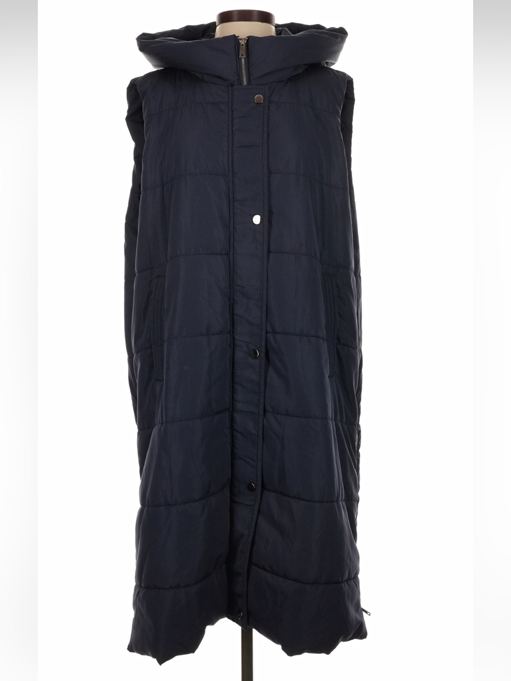 Navy Blue Longline Hooded Puffer Vest Gilet - Size Medium